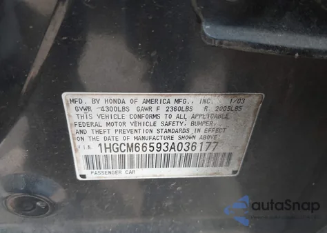 2003 Honda Accord 3.0 Ex from USA, damaged, VIN 1HGCM66593A036177